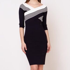 Gracia Dress Women’s Large Navy Blue & White Striped Wrap Style Stretch Midi NWT